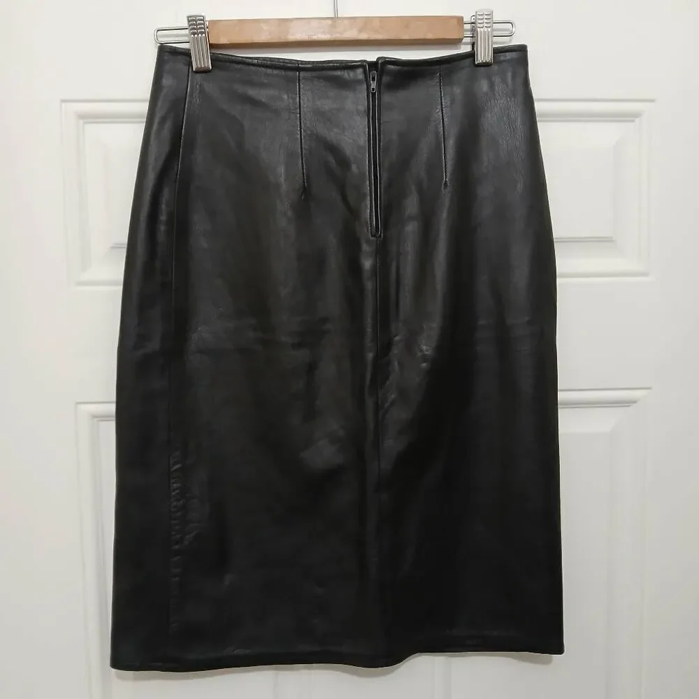 Madras women size small 28 waist Italian leather pencil skirt black split front